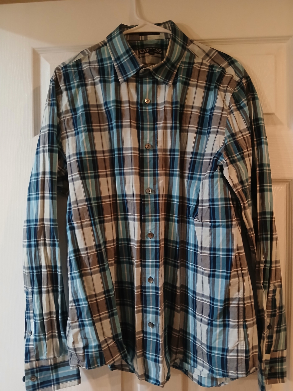 Express Men's Long-Sleeve Plaid Button-Down Shirt - Blue & Grey